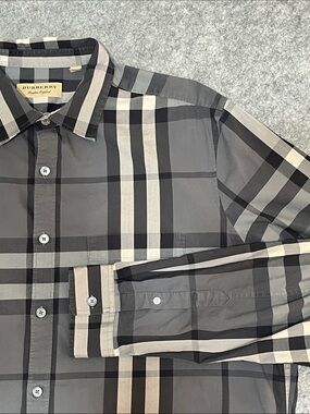 Burberry Gray Black & Cream Plaid Button Up Shirt